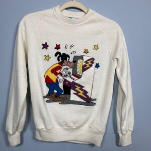 VTG Sunday Comics Disney S Goofy Arcade Sweatshirt Cream Chenille Punch Needle